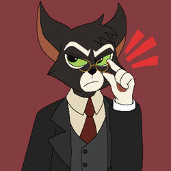  1:1 4_fingers absurd_res aliasing angry anthro black_body black_fur black_hair black_nose clothed clothing digital_media_(artwork) domestic_cat elegant eyewear felid feline felis fingers fur glasses green_eyes hair hi_res humanoid lackadaisy male mammal mordecai_heller necktie opaque_background pixelated radiosonic94 sign signature simple_background simple_coloring simple_eyes solo suit text topwear 