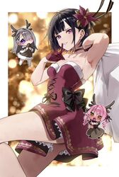  3girls antlers barbell_piercing black_bow black_hair blonde_hair blue_eyes blush border bow brown_dress brown_gloves chibi chigusa_minori choker commentary_request dress drill_hair dripping_eye ear_piercing earrings fake_antlers flower fur-trimmed_dress fur_trim gloves grey_hair hair_flower hair_ornament hair_over_one_eye half_gloves hamanasu_ruka horns index_finger_raised industrial_piercing jewelry kaneko_haku koutsugou_semi-friend kuruma_suuna looking_at_viewer multiple_girls nervous_sweating official_art open_mouth outside_border piercing pink_hair purple_eyes red_choker red_dress red_gloves second-party_source star_(symbol) star_hair_ornament strapless strapless_dress sweat twin_drills white_border 