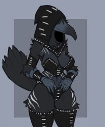  anthro artlegionary avian beak bird black_body black_feathers bustier clothed clothing corvid corvus_(genus) crow feathers female front_view hi_res hood hood_over_eyes legwear midriff mornne_(artlegionary) oscine panties passerine scuted_arms scutes solo standing tail tail_feathers thigh_highs underwear 