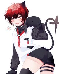  1boy :3 absurdres ahoge animal_ear_legwear animal_ears animal_hands ass black_choker black_shirt black_shorts black_thighhighs blush cat_ear_legwear cat_ears cat_paws cat_tail choker collared_shirt commentary from_behind gloves hair_between_eyes hair_ornament hairpin highres holostars holostars_english looking_at_viewer machina_x_flayon machina_x_flayon_(2nd_costume) male_focus mechanical_tail multiple_hairpins oerba_yun_fang open_mouth paw_gloves paw_pose paw_print red_hair shirt shorts skindentation solo suhyo sweater_vest tail thigh_strap thighhighs upper_body virtual_youtuber white_background yellow_eyes 