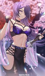  absurdres acheron_(honkai:_star_rail) bare_shoulders black_choker black_gloves breasts choker cleavage commentary cowboy_shot crop_top female fingerless_gloves gloves halterneck highres holding holding_umbrella honkai:_star_rail honkai_(series) katana large_breasts long_hair looking_at_viewer midriff multicolored_hair navel nocta_felis off_shoulder pelvic_curtain purple_eyes purple_hair red_umbrella scabbard sheath sheathed solo standing stomach streaked_hair sword thighs umbrella weapon 