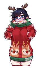  :d antlers blue-framed_eyewear blush blushyspicy breasts christmas_sweater cowboy_shot earrings fake_antlers fangs female hands_up happy horns jewelry large_breasts mole mole_under_eye original pointy_ears red_sweater reindeer_print simple_background smile sweater thighhighs tongue vampire vivian_seong_(blushyspicy) zettai_ryouiki 