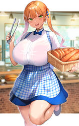  basket blonde_hair blue_ribbon bread breasts commentary_request earrings female food green_eyes hair_ribbon highres holding holding_tongs huge_breasts jewelry long_hair looking_back moto_inkya_no_kyonyuu_yariman_imouto_ga_erosugite_onii-chan_wa_mou...!! natsuki_(bookworm_little_sister) open_mouth ribbon shirt shoes skirt smile solo standing standing_on_one_leg tongs tsukumiya_amane twintails 