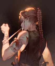  abby_(the_last_of_us) applying_bandages arm_at_side artist_name bandaged_arm bandages bare_shoulders black_footwear bleeding blood blood_on_bandages blood_on_face blue_eyes braid braided_ponytail brown_background brown_hair female from_behind gun hand_up injury kawacy knife long_hair mouth_hold multiple_scars scar scar_on_arm shirt single_braid sleeveless sleeveless_shirt solo the_last_of_us_(series) the_last_of_us_2 toned upper_body veins weapon 