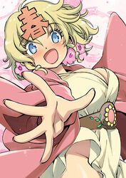  :d blonde_hair blue_eyes blush breasts cleavage dress eyelashes female flower hair_flower hair_ornament haori haru-chan highres japanese_clothes large_breasts long_sleeves looking_at_viewer muramasa_mikado nhk_(broadcaster) no_panties open_mouth pink_flower pink_haori short_hair smile solo white_dress wide_sleeves 