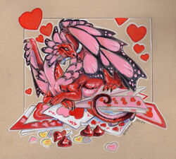  2024 acrylic_painting_(artwork) ambiguous_gender black_body black_scales candy candy_hearts claws colored_pencil_(artwork) dessert dragon feral food heart_symbol heather_bruton hershey&#039;s_kisses holidays membrane_(anatomy) membranous_wings mixed_media mythological_creature mythological_scalie mythology pink_body pink_eyes pink_scales quadruped red_body red_scales scales scalie simple_background solo tail tan_background text traditional_media_(artwork) valentine&#039;s_day valentine&#039;s_day_card wings 