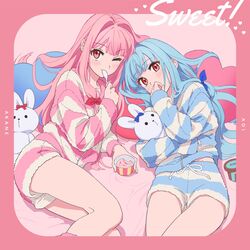  2girls blue_hair blush commission food hair_ribbon heart highres holding holding_spoon holding_stuffed_toy ice_cream kotonoha_akane kotonoha_aoi long_hair looking_at_viewer lying moya_(toatomoot) multiple_girls on_back one_eye_closed pajamas pink_hair red_eyes ribbon shorts siblings sisters skeb_commission smile spoon striped_clothes striped_pajamas stuffed_animal stuffed_rabbit stuffed_toy thighs voiceroid 