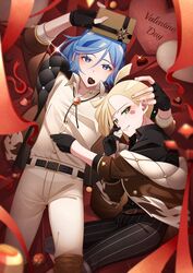  2boys alternate_costume belt black_belt black_gloves black_shirt blonde_hair blue_eyes blue_hair box buttons collared_shirt commentary_request eyelashes fingerless_gloves gift gift_box gladion_(pokemon) gloves green_eyes grusha_(pokemon) hair_between_eyes highres holding lipstick_mark lying male_focus mocacoffee_1001 mouth_hold multiple_boys pants parted_lips pokemon pokemon_sm pokemon_sv shirt smile valentine 