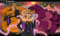  2018 5_fingers absurd_res animal_humanoid anthro bartok_the_magnificent big_breasts big_tail blonde_hair breasts chronorin cleavage clothed clothing colored_nails digital_drawing_(artwork) digital_media_(artwork) dragon dragon_humanoid english_description english_text evil_grin female fingers fist frown hair hi_res holding_jewelry holding_object horn human humanoid jewelry letterbox lipstick looking_at_viewer ludmilla_(bartok) makeup mammal mid_transformation mythological_creature mythological_scalie mythology nails open_mouth orange_body orange_breasts orange_scales purple_body purple_breasts purple_eyes purple_lipstick purple_nails purple_scales scales scalie scowl sharp_tooth slightly_chubby slightly_chubby_female smile solo striped_horn stripes tail text white_text 