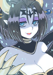  bags_under_eyes black_hair blue_eyes breasts cleavage commentary demon_girl demon_horns detached_collar digimon digimon_(creature) facial_mark female forehead_mark highres horns large_breasts lilithmon makeup mascara short_hair solo upper_body yamamoto_zetta 