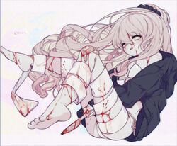  bandaged_leg bandages bandaid bandaid_on_leg barefoot black_sweater blood blood_on_face blood_on_leg feet female hair_flowing_over highres holding holding_knife huyucai implied_injury knife licking_lips long_hair original pink_hair self-harm short_ponytail sidelocks sitting soles sweater toenails toes tongue tongue_out underwear yellow_eyes 