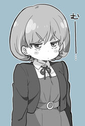  angry blue_theme collared_shirt cowboy_shot cropped_jacket dress female love_live! love_live!_superstar!! mezashi_(mezamashi_set) monochrome neck_ribbon pinafore_dress ribbon school_uniform shirt short_hair sleeveless sleeveless_dress solo tang_keke v-shaped_eyebrows yuigaoka_school_uniform 