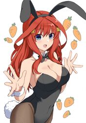  :d animal_ears black_bow black_bowtie black_pantyhose blue_eyes bow bowtie breasts carrot cleavage commentary_request covered_navel detached_collar fake_animal_ears fake_tail female go-toubun_no_hanayome hair_between_eyes hair_ornament hands_up highleg highleg_leotard large_breasts leotard long_hair looking_at_viewer mirai_denki nakano_itsuki pantyhose playboy_bunny rabbit_ears rabbit_tail red_hair smile solo star_(symbol) star_hair_ornament tail traditional_bowtie white_background white_wrist_cuffs wrist_cuffs 