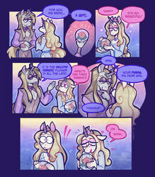  6_panel_comic anthro bedroom_eyes blonde_hair blush blush_lines border clothing dialogue dress duo english_text equid equine fantasy female fleetwoodbrak flower flustered fur gradient_background grey_body grey_fur hair half-closed_eyes heart_symbol hi_res horn humor jewelry legwear long_hair male mammal medieval medieval_clothing mythological_creature mythological_equine mythology narrowed_eyes necklace open_mouth open_smile plant princess purple_border rose_(flower) royalty seductive simple_background smile smirk smug smug_face speech_bubble text tights unicorn unicorn_horn white_body white_fur 