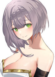  absurdres alternate_breast_size bad_id bad_pixiv_id bare_shoulders black_gloves blush braid breasts cleavage closed_mouth collarbone elbow_gloves female genshin_impact gloves green_eyes grey_hair highres katagirinanoka looking_at_viewer medium_breasts noelle_(genshin_impact) short_hair simple_background smile solo strapless upper_body white_background 