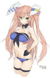  absurdres alternate_eye_color bikini black_gloves blue_bikini blush breasts closed_mouth collarbone cowboy_shot cropped_legs female gloves green_eyes hair_between_eyes highres johnston_(kancolle) johnston_kai_(swimsuit_mode)_(kancolle) kantai_collection light_brown_hair long_hair medium_breasts navel ryo_(tg290) simple_background solo star_(symbol) swimsuit twitter_username two_side_up white_background 