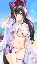  :d bikini black_hair blue_archive blue_sky breasts cleavage commentary_request cowboy_shot day female flower hair_flower hair_ornament halo halterneck ichinomiya_(blantte) large_breasts lens_flare multicolored_hair navel open_mouth pink_flower purple_hair shawl sky smile solo stomach string_bikini swimsuit two-tone_hair wakamo_(blue_archive) wakamo_(swimsuit)_(blue_archive) yellow_eyes 