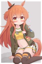  animal_ears belt bomber_jacket breasts crop_top dog_tags female grey_background highres horse_ears horse_girl horse_tail jacket looking_at_viewer mayano_top_gun_(umamusume) midriff navel nepty_(silkey_vod) orange_hair shorts small_breasts smile solo tail thighhighs umamusume yellow_eyes 