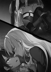  1boy all_fours black_footwear black_straps black_thighhighs collarbone cowgirl_position earrings female greyscale high_heels jewelry leonis_death_magnus long_hair long_sleeves looking_at_another lying monochrome novel_illustration official_art on_back open_mouth riselia_ray_crystalia seiken_gakuin_no_maken_tsukai short_hair sweatdrop thigh_strap thighhighs toosaka_asagi zettai_ryouiki 