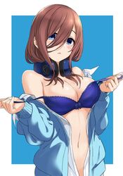  bare_shoulders blue_background blue_bra blue_cardigan blue_eyes border bra breasts brown_hair cardigan cleavage collared_shirt commentary_request female go-toubun_no_hanayome hair_between_eyes headphones headphones_around_neck large_breasts long_bangs long_hair looking_at_viewer mirai_denki nakano_miku navel off_shoulder open_cardigan open_clothes open_mouth outside_border pulling_own_clothes shirt solo strap_pull underwear upper_body white_border white_shirt 