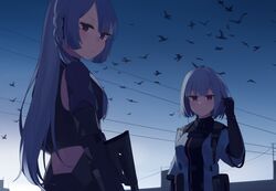  2girls absurdres ak-15 ak-15_(girls&#039;_frontline) assault_rifle bird black_bodysuit bodysuit braid closed_mouth from_behind girls&#039;_frontline grey_hair gun hand_in_own_hair highres hinami047 holding holding_weapon kalashnikov_rifle long_hair looking_at_viewer medium_hair multiple_girls purple_eyes rifle rpk-16_(girls&#039;_frontline) scenery simple_background smile uniform weapon 