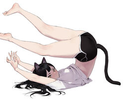  animal_ears ass bad_id bad_pixiv_id bare_legs barefoot black_hair black_shorts breasts cat_ears cat_girl cat_tail commentary dongho_kang feet_up female fingernails from_side full_body hands_up highres legs_up long_hair looking_at_viewer original sharp_fingernails shirt short_shorts shorts simple_background solo symbol-only_commentary tail top-down_bottom-up v-shaped_eyebrows white_nails white_shirt yellow_eyes 