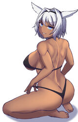  animal_ears ass bikini black_bikini black_headband butt_crack caenis_(fate) dark-skinned_female dark_skin dog_ears fate/grand_order fate_(series) feet female from_behind full_body hair_intakes headband highleg highleg_bikini highres jifuwabe shadow solo swimsuit white_background white_hair 