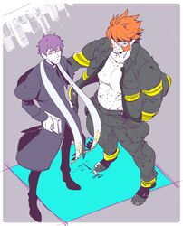  2boys 69bones abs black_hair brown_eyes en&#039;en_no_shouboutai facial_hair fangs firefighter glasses green_eyes kekkai_sensen klaus_von_reinhertz looking_at_viewer male_focus multiple_boys muscular muscular_male mutton_chops open_clothes open_shirt pectoral_cleavage pectorals priest red_hair sideburns smile steven_a._starphase 