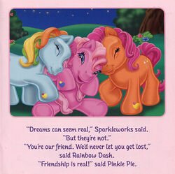  2003 ambiguous_gender blue_body blue_eyes closed_eyes cutie_mark detailed_background dialogue earth_pony english_text equid equine feral flower group hair hasbro heart_(marking) horse hug ken_edwards mammal markings mlp_g3 multicolored_hair my_little_pony my_little_pony_(2003) narrowed_eyes night official_art orange_body pink_body pink_hair pinkie_pie_(g3) plant pony rainbow_dash_(g3) rainbow_hair sitting smile sparkleworks_(mlp) squint text trio 