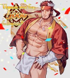  1boy abs bandaged_hand bandages bara bare_pectorals beard brown_eyes closed_mouth commission confetti english_text facial_hair fundoshi grey_eyes headband heterochromia highres indie_virtual_youtuber japanese_clothes jewelry large_pectorals male_focus male_pubic_hair milestone_celebration multicolored_hair muscular muscular_male navel necklace open_clothes pectorals pubic_hair red_hair red_headband ryuugen_drake scar scar_across_eye scar_on_chest scar_on_face second-party_source short_hair skeb_commission smile solo thank_you two-tone_hair uori virtual_youtuber white_hair 