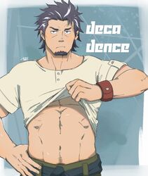  1boy bara beige_shirt black_hair blue_pants blush clothes_lift copyright_name decadence_(anime) facial_hair goatee kaburagi_(decadence) lifting_own_clothes looking_at_viewer male_focus multicolored_hair navel navel_hair pants shirt_lift short_hair short_sleeves solo stomach toned toned_male two-tone_hair white_hair yanutorie 