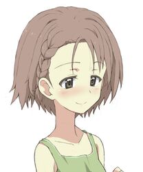  alternate_hairstyle blush braid brown_eyes brown_hair closed_mouth commentary female girls_und_panzer green_shirt hair_tie half-closed_eyes kayabakoro long_neck looking_to_the_side maruyama_saki portrait shirt short_hair simple_background smile solo tank_top white_background 