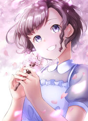  absurdres bad_neck brown_hair cherry_blossoms day female flower hands_up highres holding holding_flower looking_at_viewer mokka_(31911633) outdoors own_hands_together purple_eyes short_hair short_sleeves smile upper_body 