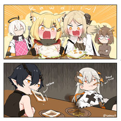  2boys 4girls arknights blush bread bread_slice burger burnt_food demon_horns dragon_horns eating egg_(food) english_text executor_(arknights) feather_hair flamebringer_(arknights) food food_in_mouth fork french_fries fried_egg fried_egg_on_toast halo highres horns ifrit_(arknights) knife material_growth mouth_hold multiple_boys multiple_girls oripathy_lesion_(arknights) owl_ears sandwich saria_(arknights) sashacall silence_(arknights) smile spatula toast toast_in_mouth vermeil_(arknights) 