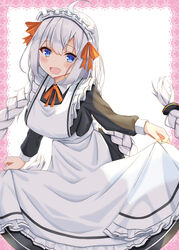  :d ahoge alternate_costume apron blue_eyes blush braid divergenceok enmaided female highres kizuna_akari long_hair long_sleeves looking_at_viewer low_twin_braids low_twintails maid maid_day maid_headdress neck_ribbon open_mouth orange_ribbon ribbon skirt_hold smile solo twin_braids twintails very_long_hair vocaloid voiceroid white_background white_hair 