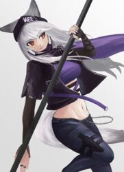  animal_ears arknights beanie black_jacket black_pants breasts clothes_writing crop_top ears_through_headwear female fox_ears fox_girl fox_tail frostleaf_(arknights) frostleaf_(breaking_the_ice)_(arknights) grey_background grey_hair hat highres holding holding_polearm holding_weapon jacket long_hair medium_breasts midriff navel official_alternate_costume pants parted_lips polearm purple_shirt red_eyes shirt simple_background smile solo superbeek4 tail weapon 