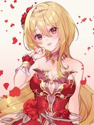  bare_shoulders blonde_hair blush breasts cleavage collarbone detached_collar dress falling_petals female flower gradient_background hair_between_eyes hair_flower hair_ornament hand_up highres idolmaster idolmaster_cinderella_girls idolmaster_cinderella_girls_starlight_stage kurosaki_chitose large_breasts long_hair looking_at_viewer miyakoto open_mouth petals pink_background red_dress red_eyes red_flower red_rose rose scrunchie simple_background smile solo tiara very_long_hair 