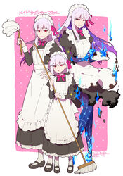  3girls alternate_costume apron artist_name black_dress black_footwear blue_fire blue_skin blush body_markings border bow bowtie breasts broom burnt_clothes colored_inner_hair colored_skin commentary_request dress duster enmaided eyes_visible_through_hair fate/grand_order fate_(series) fire full_body gradient_skin grey_hair hair_between_eyes hair_ribbon highres holding holding_broom juliet_sleeves kama_(fate) kama_(first_ascension)_(fate) kama_(second_ascension)_(fate) kama_(third_ascension)_(fate) long_hair long_sleeves looking_at_viewer maid maid_day maid_headdress medium_breasts multicolored_hair multiple_girls multiple_persona parted_lips pink_background puffy_sleeves purple_hair red_eyes redrop ribbon short_hair small_breasts sparkle standing two-tone_hair white_apron white_border white_legwear 