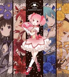  5girls :d adonis_(flower) akemi_homura akemi_homura_(magical_girl) ankle_ribbon anniversary armpit_crease bare_shoulders beige_background belt black_belt black_gloves black_hair black_hairband black_headwear black_outline blonde_hair blue_eyes blue_flower blue_hair blue_rose bouquet breasts bubble_skirt buttons cape capelet choker clenched_hand close-up closed_mouth clothing_cutout collage collarbone column_lineup commentary_request corset cross-laced_footwear cupping_hands daisy dot_nose drill_hair feathers fingerless_gloves fingernails flat_chest flower flower_request framed frilled_legwear frilled_skirt frilled_sleeves frills full_body gloves gradient_background grey_capelet hair_flower hair_ornament hair_ribbon hairband hairpin half-closed_eyes hand_on_own_chest hand_up hands_up hanokage hat high_collar highres holding holding_bouquet holding_petal kaname_madoka kaname_madoka_(magical_girl) knees_together_feet_apart kyuubee large_breasts leg_ribbon light_blush light_particles light_smile lily_(flower) long_hair long_sleeves looking_at_viewer looking_down looking_to_the_side magical_girl mahou_shoujo_madoka_magica mahou_shoujo_madoka_magica_(anime) midriff_peek miki_sayaka miki_sayaka_(magical_girl) multiple_girls neck_ribbon official_art open_mouth outline own_hands_together paneled_background parted_lips petals pink_eyes pink_flower pink_hair pink_ribbon pink_rose profile puffy_short_sleeves puffy_sleeves purple_eyes purple_flower purple_ribbon red_choker red_eyes red_flower red_footwear red_hair red_ribbon ribbon ribbon_choker rose sakura_kyoko sakura_kyoko_(magical_girl) short_hair short_sleeves short_twintails simple_background skirt small_breasts smile socks soul_gem sparkle sparkle_background star_(symbol) straight_hair tareme tomoe_mami tomoe_mami_(magical_girl) twin_drills twintails upper_body white_cape white_gloves white_legwear white_outline white_skirt yellow_eyes yellow_flower yellow_ribbon 