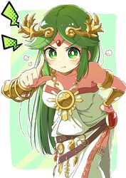  &gt;:( absurdres ancient_greek_clothes armlet bare_shoulders breasts chains chiton circlet collar collarbone dress female forehead_jewel gold gold_chain greco-roman_clothes green_eyes green_hair highres jewelry kid_icarus kid_icarus_uprising laurel_crown long_dress long_hair merugamu_melgum neck_ring necklace palutena parted_bangs pendant pout side_slit single_thighhigh solo strapless strapless_dress thighhighs v-shaped_eyebrows vambraces very_long_hair white_dress 