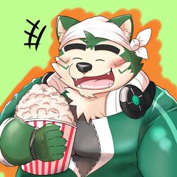  1:1 2021 anthro black_nose blush canid canine canis closed_eyes cute_fangs domestic_dog electronics food fur green_body green_fur headphones headphones_around_neck hi_res humanoid_hands kemono lifewonders live_a_hero male mammal mohumohudansi mokdai overweight overweight_anthro overweight_male popcorn solo 