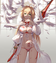  bikini bird blonde_hair blood bracelet breasts chinese_commentary cleavage commentary_request fate/grand_order fate_(series) female green_eyes grin hair_intakes holding holding_sword holding_weapon jewelry long_hair looking_at_viewer mool_yueguang navel nero_claudius_(fate) nero_claudius_(swimsuit_caster)_(fate) nero_claudius_(swimsuit_caster)_(third_ascension)_(fate) photoshop_(medium) pigeon sling_bikini_top smile solo striped_bikini striped_clothes swimsuit sword weapon white_bird 