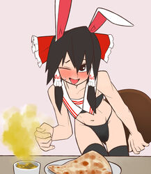  1boy animal_ears bandeau black_eyes black_hair black_panties black_thighhighs blush bow bread bulge commentary_request cookie_(touhou) cowboy_shot cup curry food frilled_bow frilled_hair_tubes frills grey_eyes hair_tubes hairbow hakurei_reimu highres holding holding_tray long_hair looking_at_viewer male_focus mugi_(cookie) naan_bread navel nose_blush one_eye_closed open_mouth otoko_no_ko panties plate rabbit_ears red_bow sailor_collar scotch_(cookie) simple_background solo thighhighs tongue tongue_out touhou tray underwear 