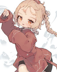  absurdres black_shorts blonde_hair blush braid commentary cowboy_shot dated_commentary dress female forehead highres long_sleeves looking_at_viewer nep_(nep_76) open_mouth original red_dress red_eyes shorts sidelocks sleeves_past_fingers sleeves_past_wrists smile solo symbol-shaped_pupils turtleneck turtleneck_dress twin_braids twintails white_background 