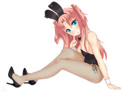  1boy absurdres animal_ears arikawa_hime black_bow black_bowtie black_footwear black_leotard blue_eyes bow bowtie commentary_request crossdressing detached_collar fishnet_pantyhose fishnets high_heels highres himegoto leotard long_hair looking_at_viewer male_focus male_playboy_bunny otoko_no_ko pantyhose pectorals pink_hair playboy_bunny rabbit_ears rabbit_tail sainohikari sitting solo strapless strapless_leotard tail two_side_up wrist_cuffs 