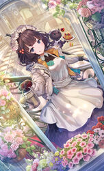  apron arch black_dress black_gloves blue_eyes blush braid breasts closed_mouth dress fate/grand_order fate_(series) female flower food french_braid fruit geranium gerbera gloves grey_jacket hair_ornament hairpin highres interior jacket katsushika_hokusai_(fate) katsushika_hokusai_(festival_outfit)_(fate) large_breasts licking_lips light_rays long_sleeves looking_at_viewer macaron maid_day mop octopus official_alternate_costume open_clothes open_jacket pancake pink_flower pink_rose plate primrose_(flower) purple_flower red_flower rose short_hair smile stairs strawberry sunlight tokitarou_(fate) tongue tongue_out torino_aqua violet_(flower) watering_can white_apron white_flower white_rose yellow_flower yellow_rose 