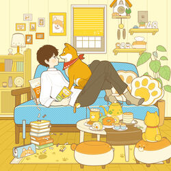  1boy absurdres black_hair black_pants blush book book_stack canine clock couch dog_on_lap food grey_socks highres hourglass indoors lamp leaf long_sleeves male_focus original pants plant plate potted_plant profile shelf shiba_inu shirt short_hair socks solo table teapot tissue_box white_shirt yoshimon 