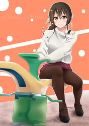  absurdres artist_name bad_id bad_pixiv_id black_footwear blush brown_eyes brown_hair brown_pantyhose female highres long_hair looking_at_viewer mary_janes orange_background original outdoors pantyhose playground red_skirt sand shoes sitting skirt smile solo sweater tina_(pixiv37050289) watermark 