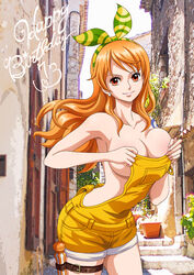  arched_back bare_arms bare_shoulders bow_hairband breasts building cleavage collarbone commentary_request covering_nipples covering_privates cowboy_shot dated english_text female green_hairband hairband hands_up happy_birthday highres holster large_breasts leaning_forward looking_at_viewer naked_overalls nami_(one_piece) no_bra official_alternate_costume one_piece one_piece:_stampede orange_eyes orange_hair outdoors overall_shorts overalls photo_background rider_(orange_couture) shadow sideboob sidelocks skindentation smile solo tattoo thigh_holster thigh_strap thighs underboob yellow_hairband yellow_overalls 