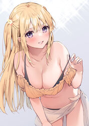  bare_shoulders bikini bikini_pull bikini_under_clothes black_bikini blonde_hair blush breasts character_request cleavage clothes_pull cocoa_(cafe-hotcocoa) collarbone cowboy_shot female grin hand_on_own_thigh highres large_breasts leaning_forward long_hair looking_at_viewer navel off-shoulder_bikini off_shoulder original purple_eyes smile solo swimsuit two_side_up 